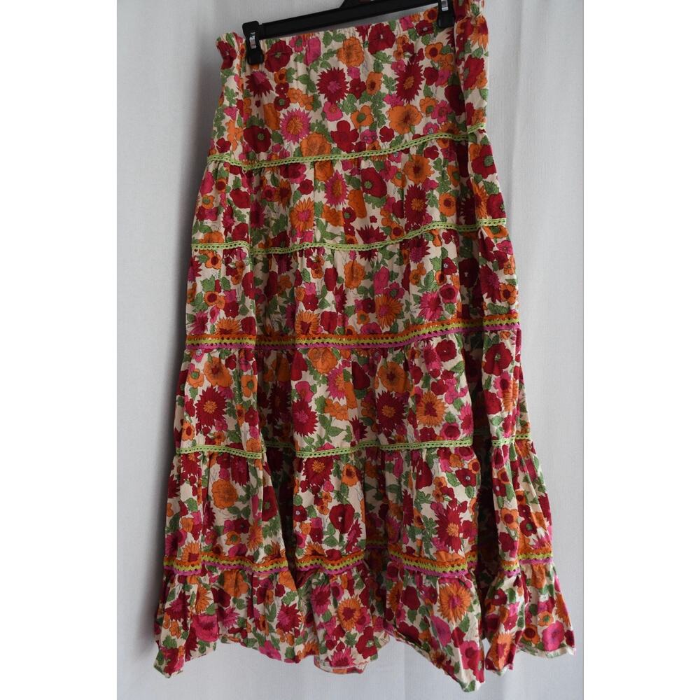 Coldwater Creek Colorful Cotton Floral Tiered Midi Flare Skirt Boho Size Large - Picture 2 of 4